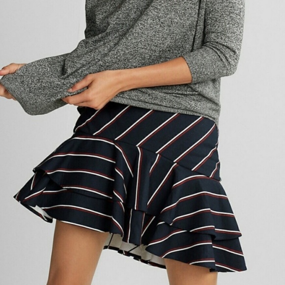 NWT EXPRESS Tiered Stripe Ruffle Navy Blue Red - Picture 1 of 7